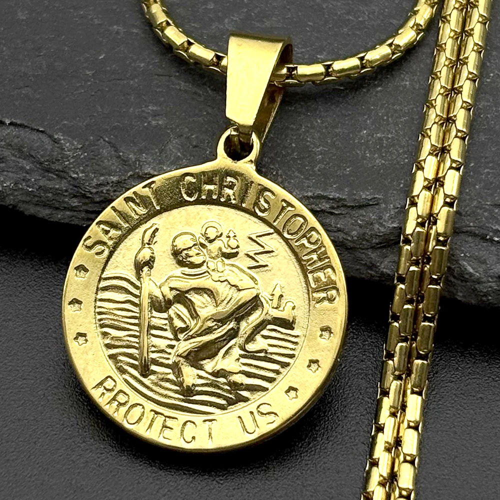 Saint Christopher Protect Us Pendant Necklace for Women Men Stainless Steel Gold Color Catholic Religious Amulet Chain Jewelry view 3