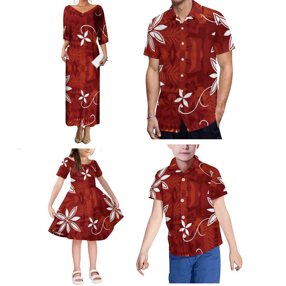 

Summer Custom-Made Clothing Polynesian Print Family Party Set, Parent-Child Dress, Shirt And Top, Four-Piece Set