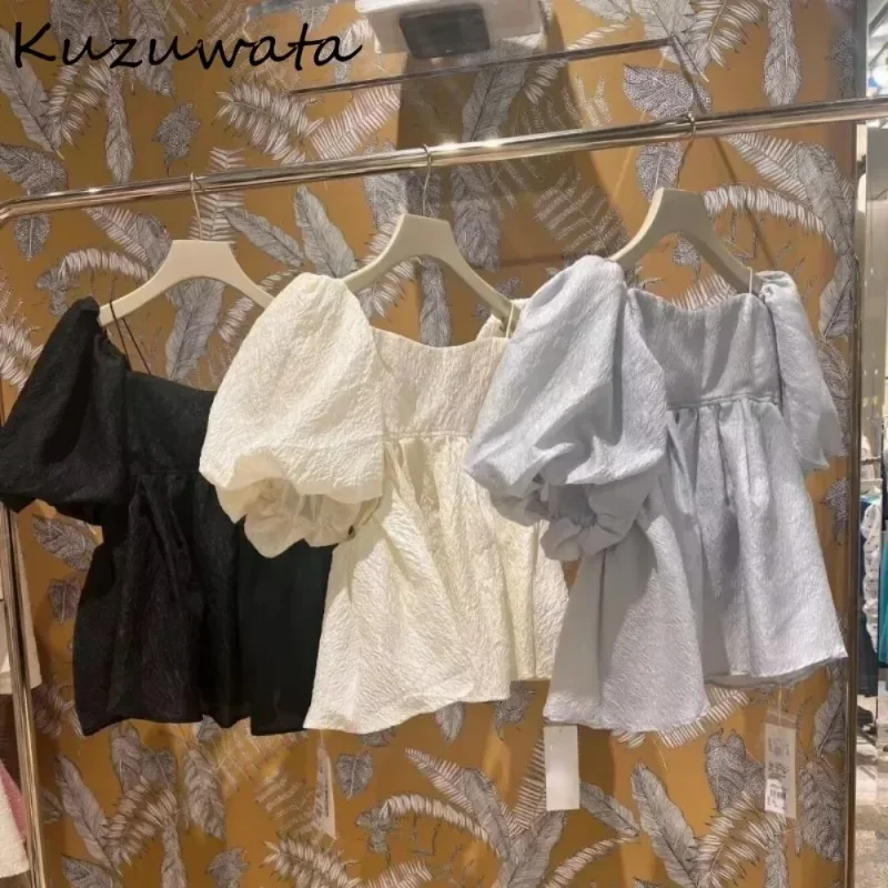 Kuzuwata Sweet Slash Neck Puff Sleeve All-match Shirt Off Shoulder Casual Sling Two Wear Blouses Japan New Jacquard Weave Blusas