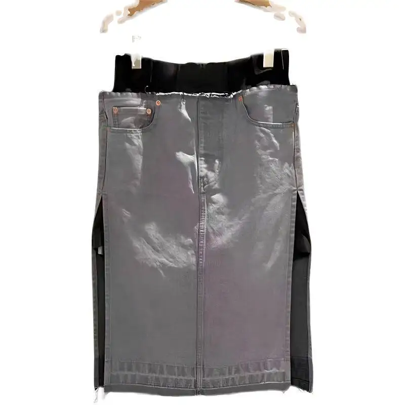 SAC 25 summer denim skirt pants blue splicing straight slit skirt short skirt