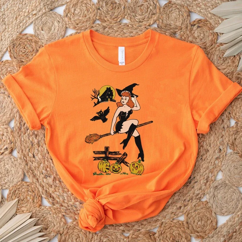 Y2k Aesthetic Summer Loose T-shirt Funny Trendy Graphic Tee Season of The Witch Thanksgiving Festvial Clothes Kawaii Pumpkin Top