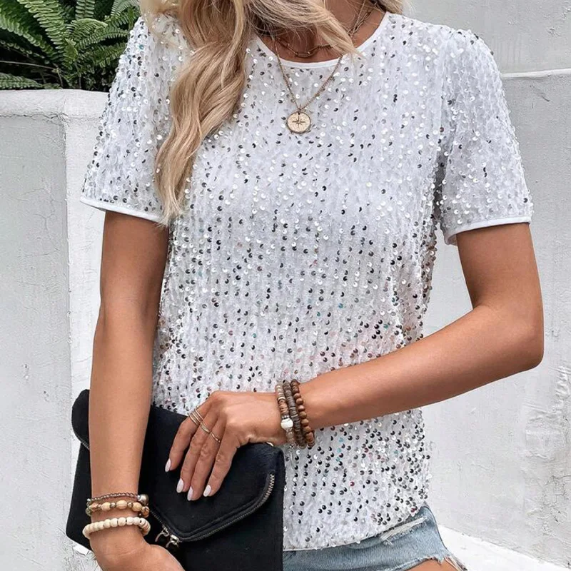 Summer Sequin T Shirt Women Fashion Solid Color All-match O Neck Short Sleeves T Shirts Tops Trendy Streetwear Lady Tees Top