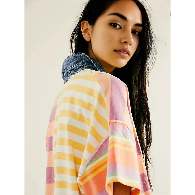 【SEE】ผู้หญิงตัดกันลาย Babydoll Y2k ฤดูร้อนเย็บปะติดปะต่อเสื้อยืดเดรสวินเทจคอวีแขนสั้นชุด