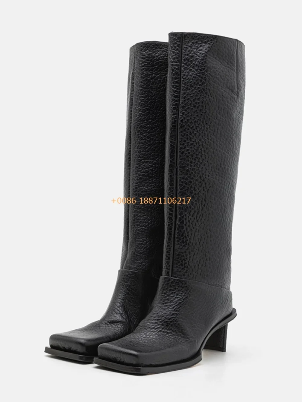 Black Sexy Square Toe Ladies Boots Autumn New Catwalk Elegant Knee-High Leather Boots Fashion Party Casual High Heel Knight Boot