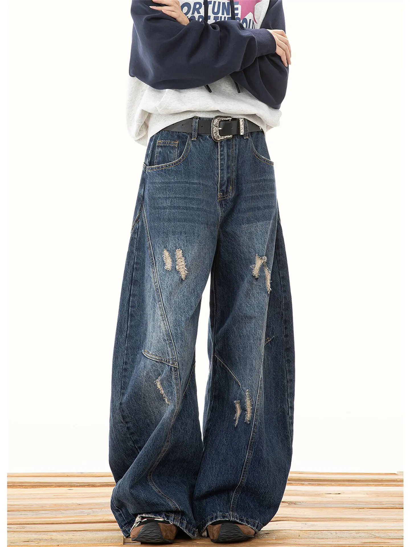 

Женские темно-синие рваные джинсы Y2K в стиле гранж, широкие джинсы, винтажные джинсы в стиле Харадзюку, оверсайз, свободные джинсовые брюки, альтернативная одежда 2026