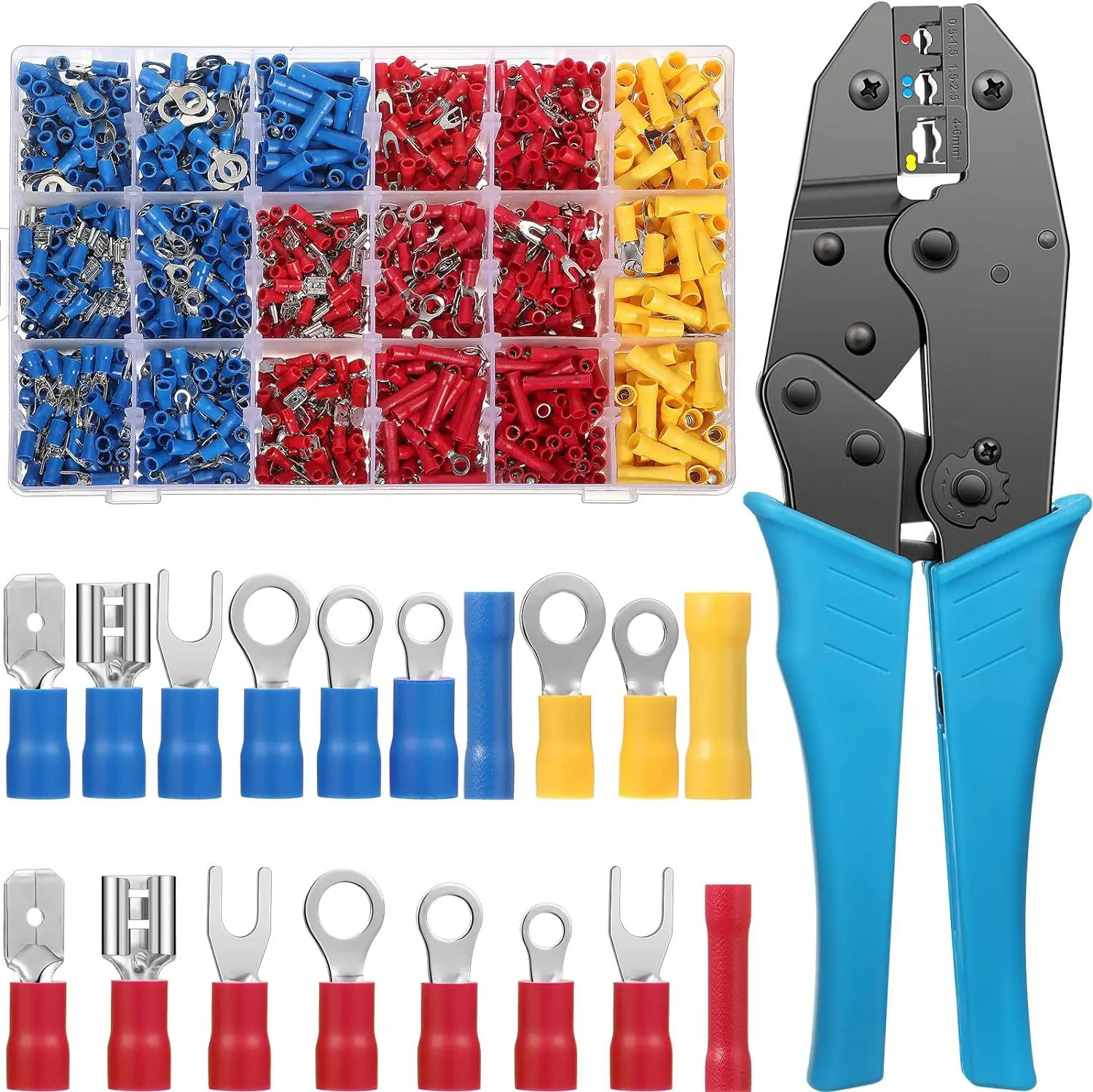 1601PCS Insulated Ring Spade Fork Butt Wire Connectors Assortment Kit with HS-30J Ratchet Crimping Tool Electrical Terminal Set