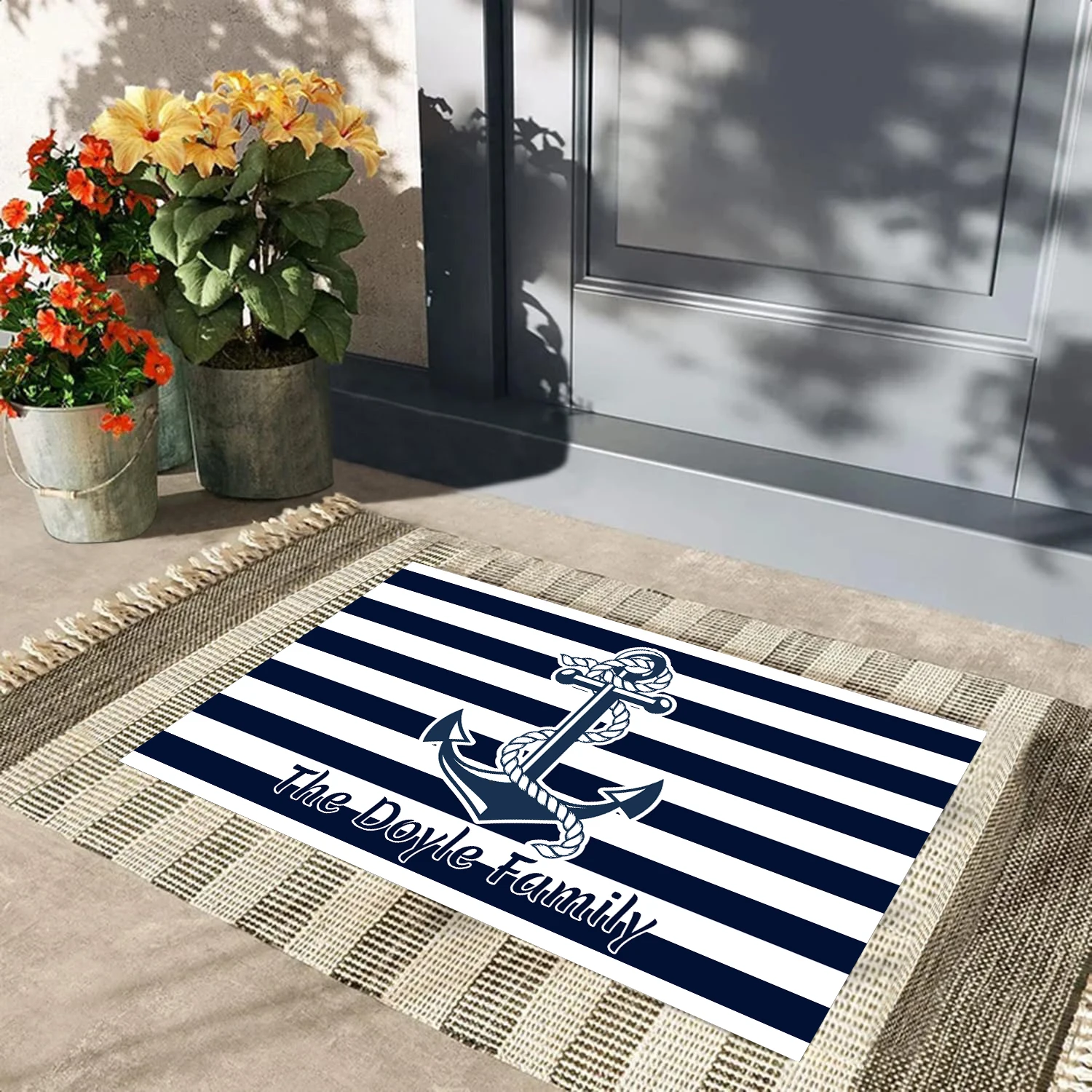 Zerbino nautico con ancoraggio vintage Strisce retrò Nome della famiglia personalizzato Zerbino anteriore Tappetino di benvenuto personalizzato Ingresso esterno interno