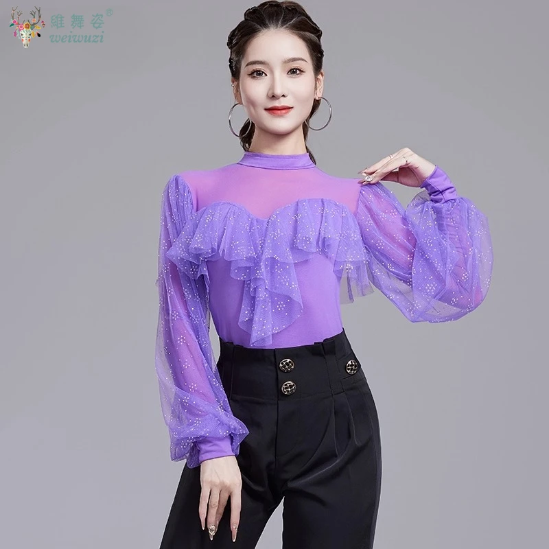 라틴 댄스 연습복 편안한 반소매 밝은 다이아몬드 탑 여성용 탱고 차차 의상 소셜 댄스 의류