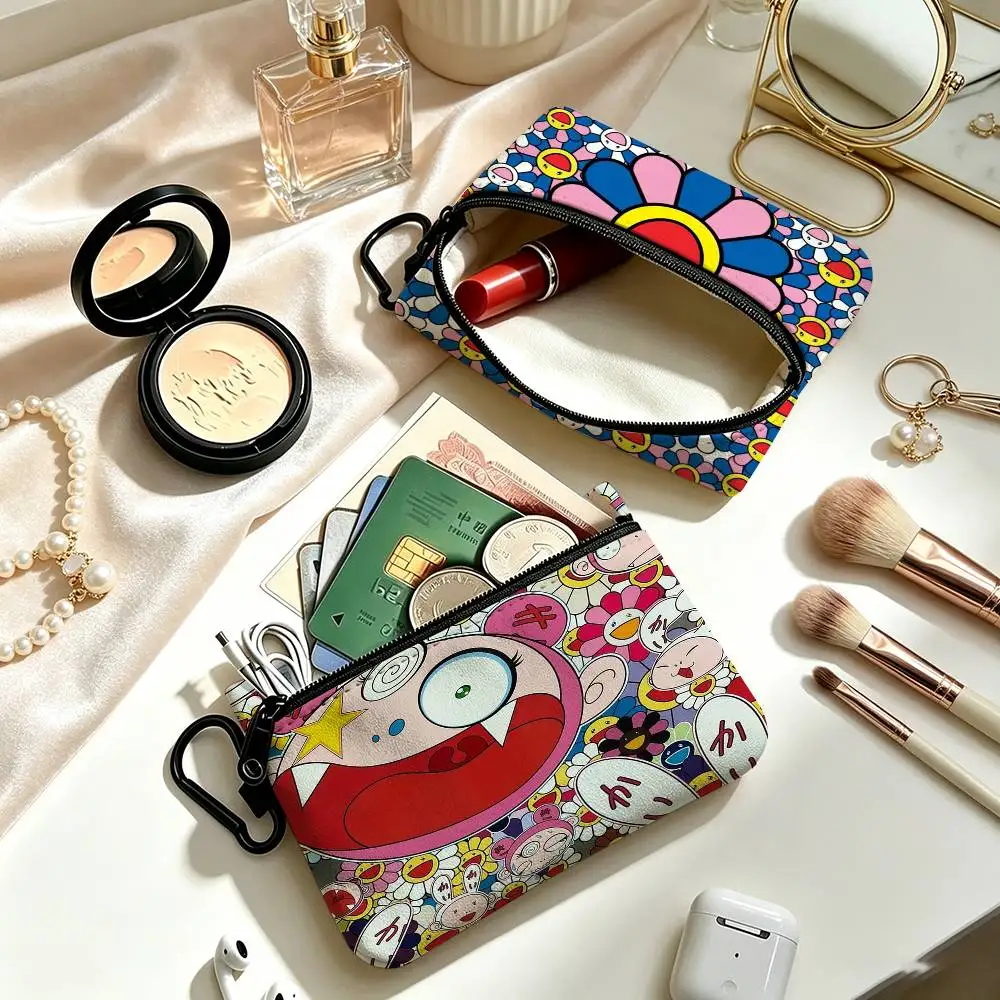 T-Takashis M-Murakamis cartoon Daily  Lightweight Oxford Fabric Coin Purse Carabiner Hook Design Mini Card Key Organizer Bag