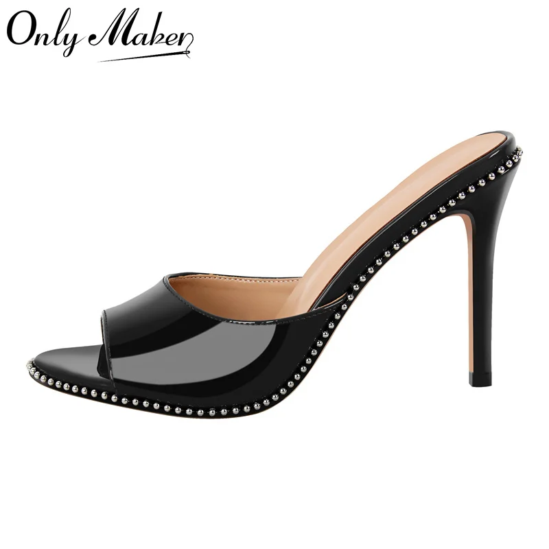 

Onlymaker Women Patent Leather Peep Toe Mules Big Size Stiletto 10CM Thin Heel Mules