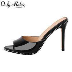 Onlymaker Women Patent Leather Peep Toe Mules  Big Size Stiletto 10CM Thin Heel Mules