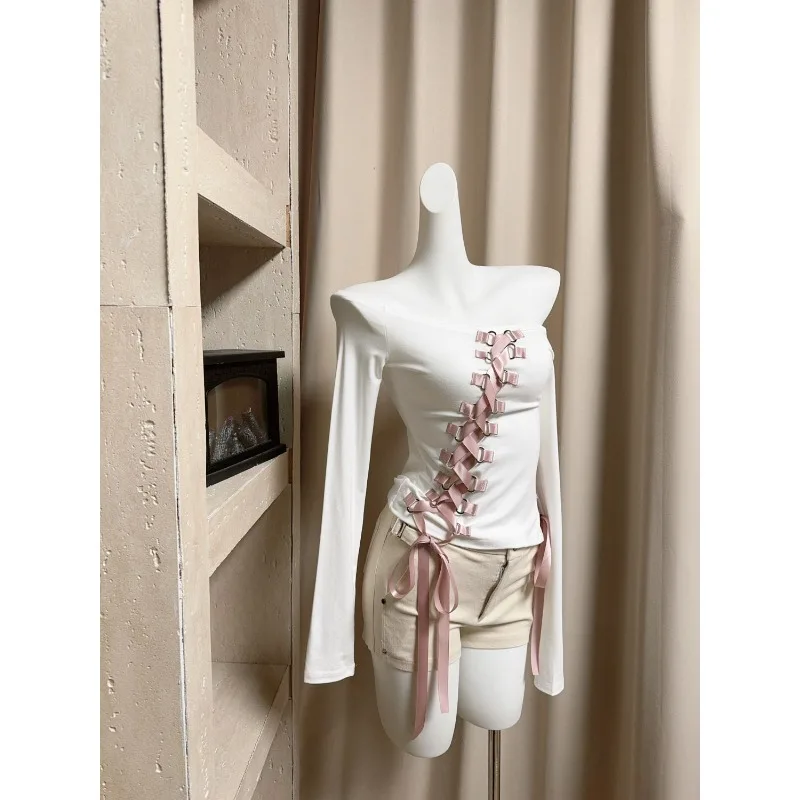 Blouse T-shirt Women Spring White Off-the-shoulder Tie-front Slim-fit Flattering Silhouette Long Sleeves New Comfortable Casual