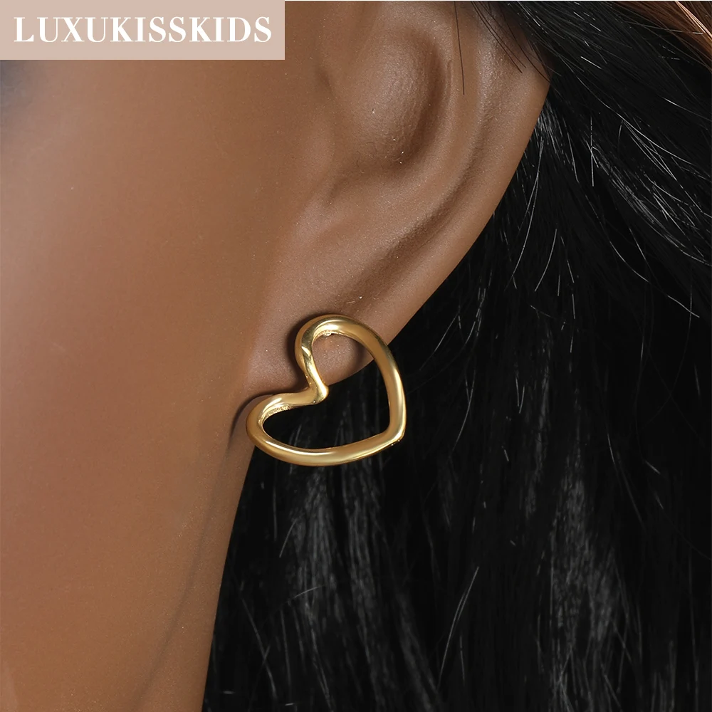 LUXUKISSKIDS Simple Hollow Love Heart Pendant Necklace Sets for Women Fashion Creative Golden Earrings Jewellry Set for Party