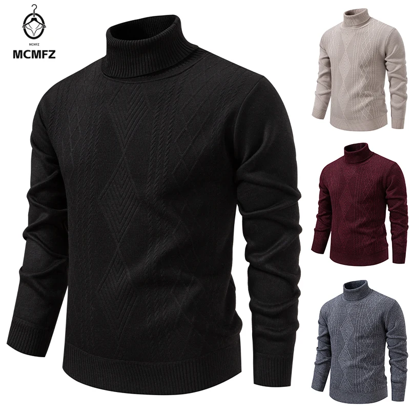 Thick Fleece Turtleneck Jumper for Men Stereo Diagonal Woven Texture Soft Knit Fabric Outdoor Casual Long Sleeve Pullover