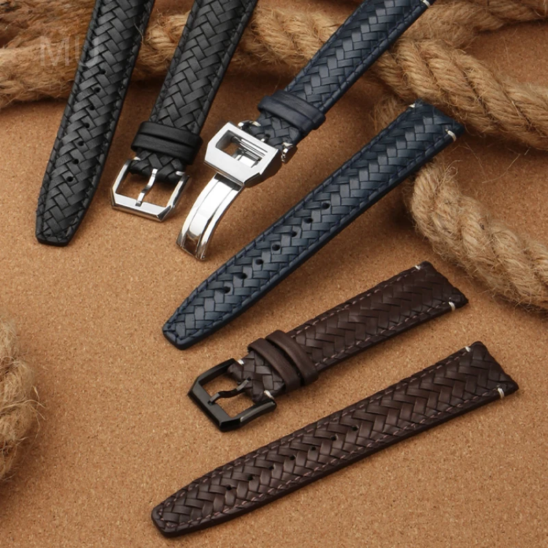 

Leisure Gentleman's Woven Genuine Cowhide Watchband for IWC Portuguese Solid Steel Buckle Waterproof Breathable Strap 20 22mm