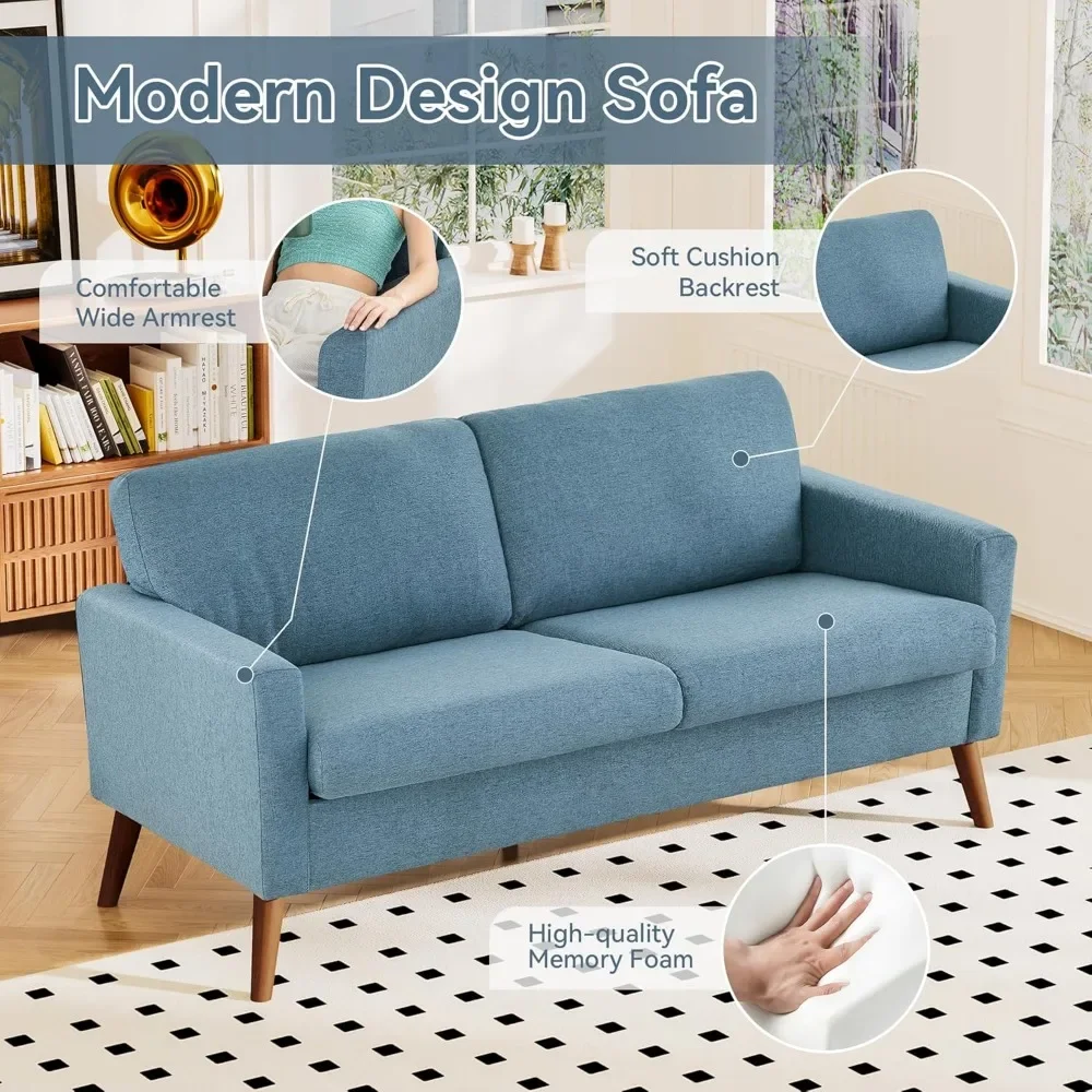 Sofá loveseat de 68 polegadas, sofás de assento profundo do século para móveis de apartamento, sofás confortáveis de dois lugares, linho azul