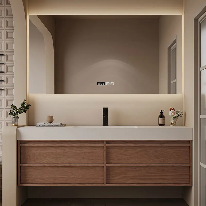 Muebles de baño Vanitys integrados, almacenamiento Ryobi moderno con lámpara, ahorro de espacio para el baño ​ ​ Muebles De Compensado Gabinete De Baño MH