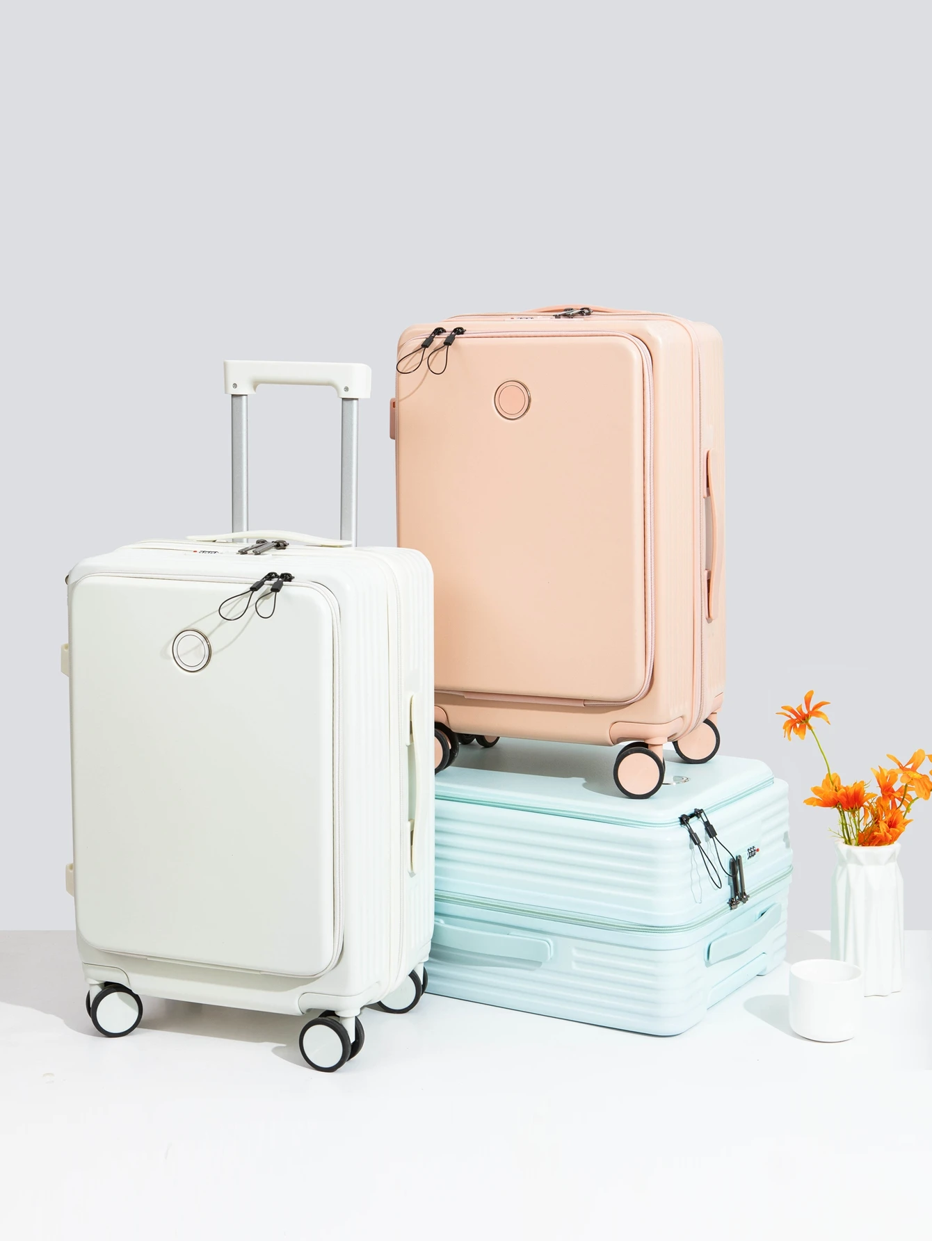 Luggage compartment with front opening lid, 20/24 inch USB charging compartment with cup holder, handheld password lever luggage