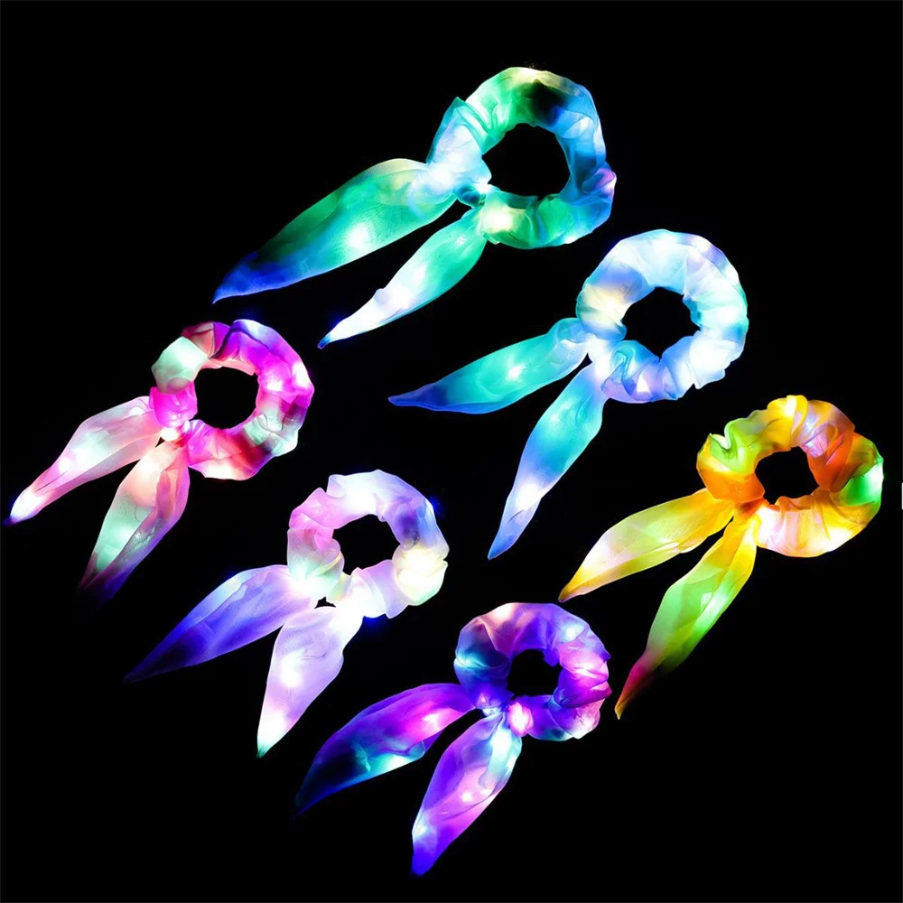 Led Rabbit Bunny Ear Bows Hair Girls Light Up Hair Ring Fun Eye-Catching Ponytail Holders Glow In The Dark Neon Party Supplies