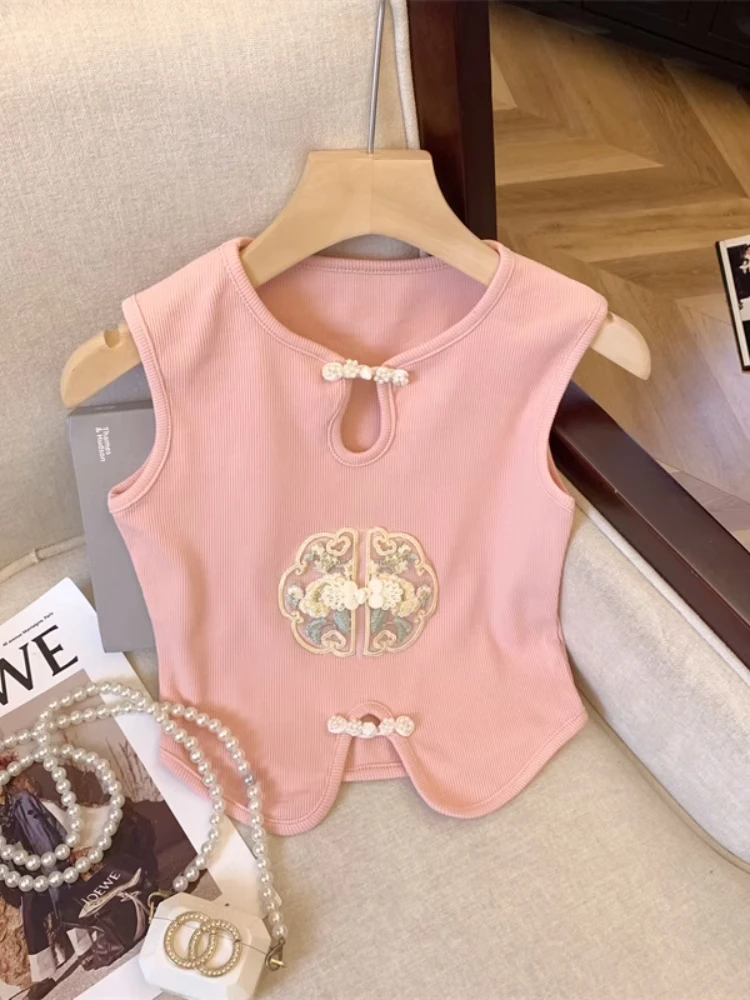 Sweet Spicy Girl New Chinese Style Embroidered Button Design Sensation Pink Short Sleeveless Slim Fit Women's Top