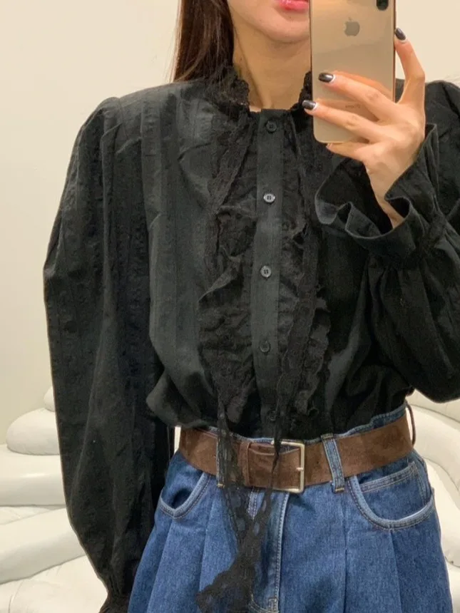 Chic Spring Sweet Anti-Aging Stand Collar ature Button Splice Wood ain  Lace Sa Long Sve Women's irt