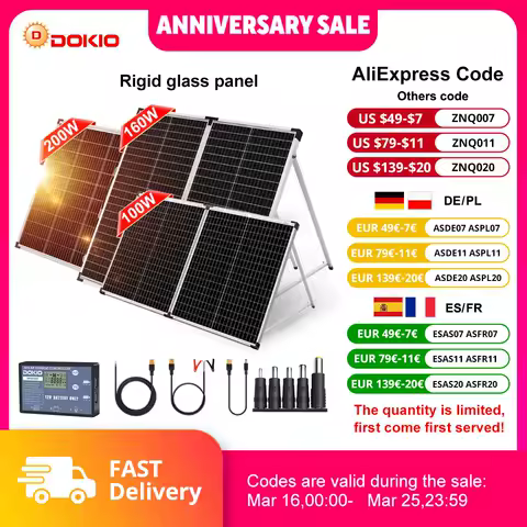 Dokio Foldable Solar Panel Suitcase for RV Camper Van Off Grid System, Monocrystalline 100W 160W 200W with 12V Controller