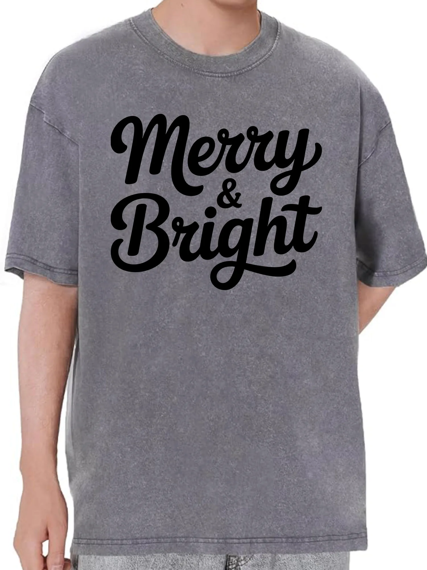 تي شيرت Merry and Bright 230 جرام من القطن الثقيل المغسول كبير الحجم للرجال برسومات مضحكة تي شيرت ريترو كاجوال