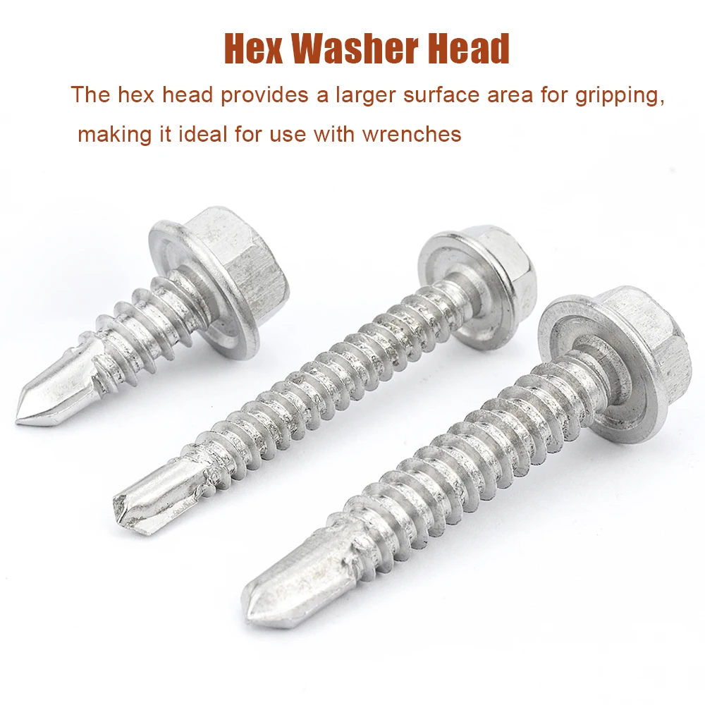 5/10/20 قطعة مسامير الحفر الذاتي برأس الغسالة السداسية 410 مسامير TEK من الفولاذ المقاوم للصدأ # 8 # 10 # 12 # 14 مسامير معدنية ذاتية التنصت