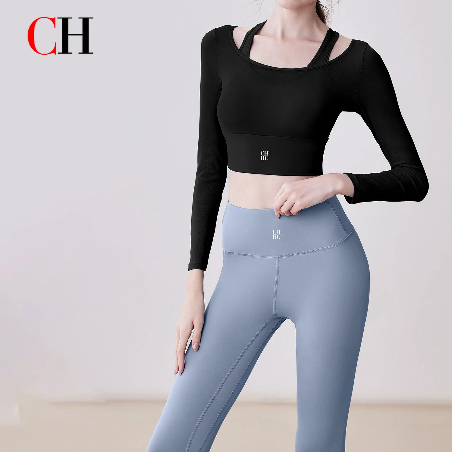 CH Women’s Off Shoulder Yoga Set Long Sleeve Crop Top High Waist Leggings Workout Gym Fitness Sportswear