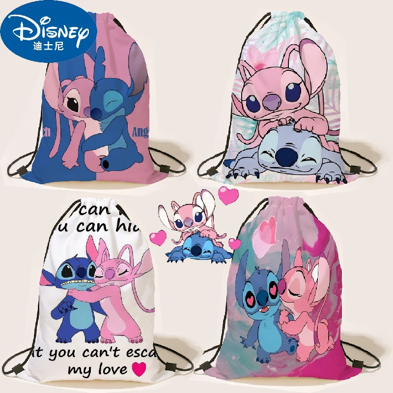 Nuevo Anime Disney Stitch impreso piel de melocotón bolso con cordón Kawaii Lilo Stitch estudiante mochila portátil bolsa de regalos de dibujos animados