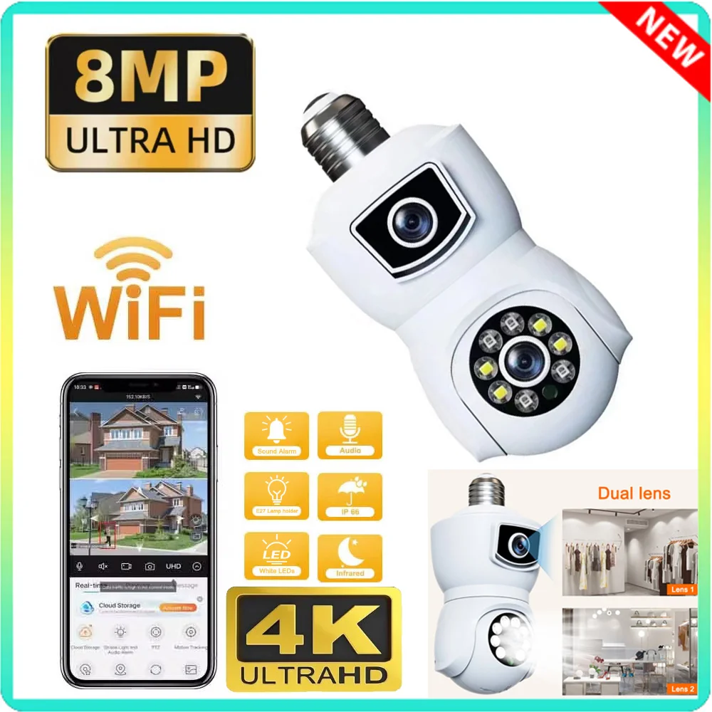 8MP PTZ Camera 4K E27 WiFi Smart IP Security Bulb Camera CCTV Wireless Outdoor HD Video Surveillance Auto Tracking Monitoring