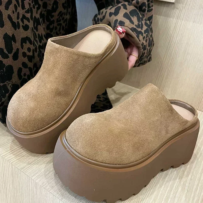 Street Style Platform Heel Women Mules Slippers Fashion Cover Toe Slip On Shoes Ladies Comfort Outdoor Lazy Slides