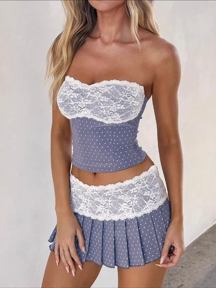 FDYOUI Sexy Lace Patchwork Polka Dot Crop Top+Mini Skirt 2 Piece Set Women Strapless Off Shoulder Pleated Dress Suit Streetwear