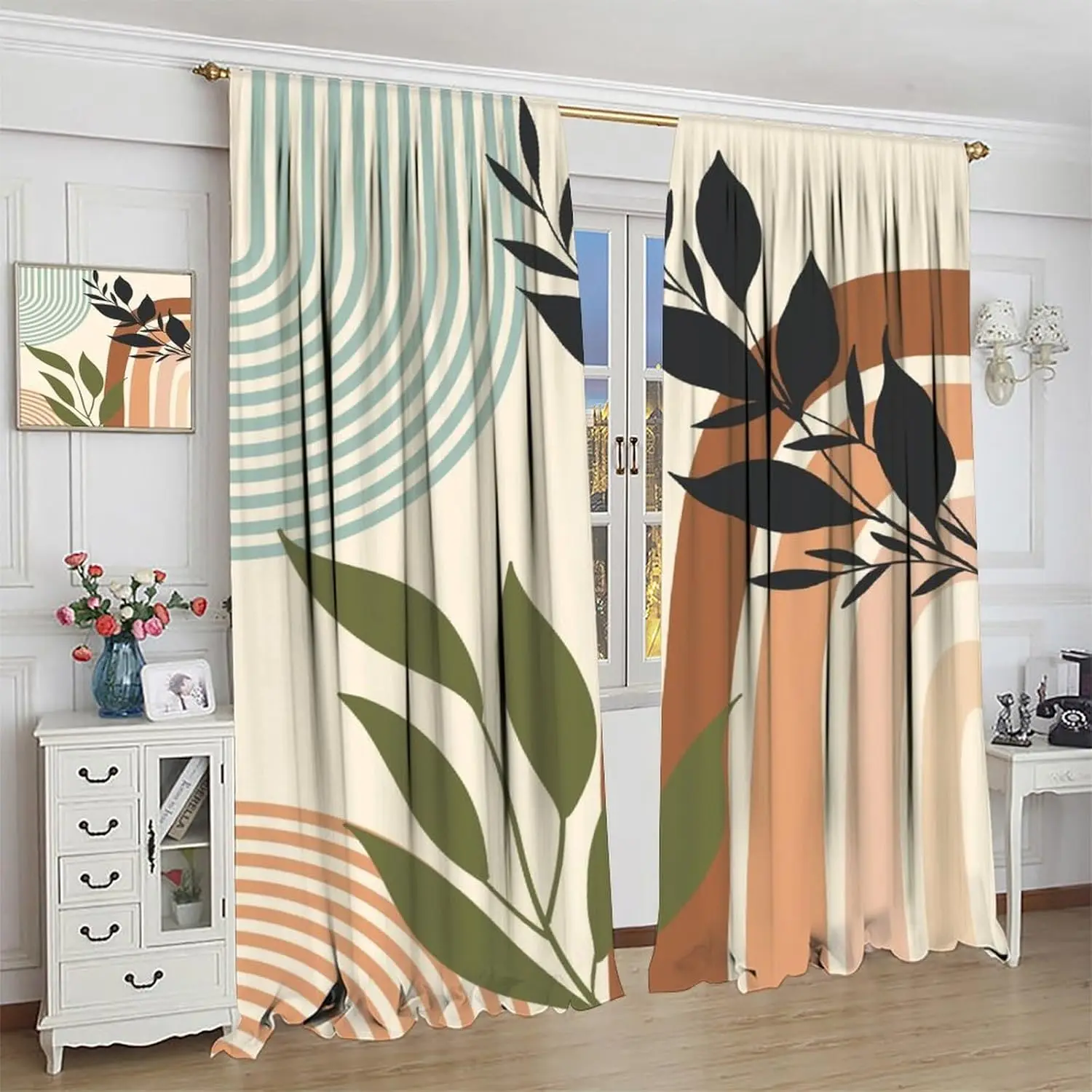 "Modern Botanical" Curtains – Abstract Leaves & Curved Lines on Beige, Rod Pocket Drapes for Living Room or Bedroom (21x45in)