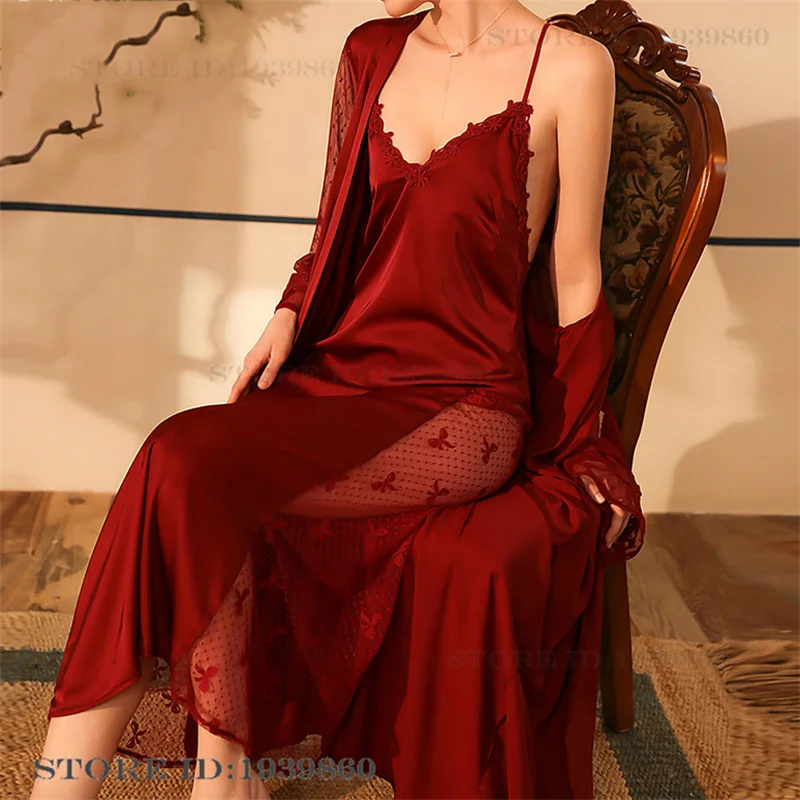 Burgundy Bride Wedding Long Robe Dress Set Sexy Patchwork Lace Chemise Nightgown Sleep Wear Female Kimono Bathrobe Home Clothes