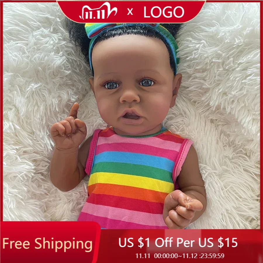 58CM Full Body Silicone Saskia African American Black Skin Baby Reborn Finished Doll with Hand-rooted Hair Same As Photo