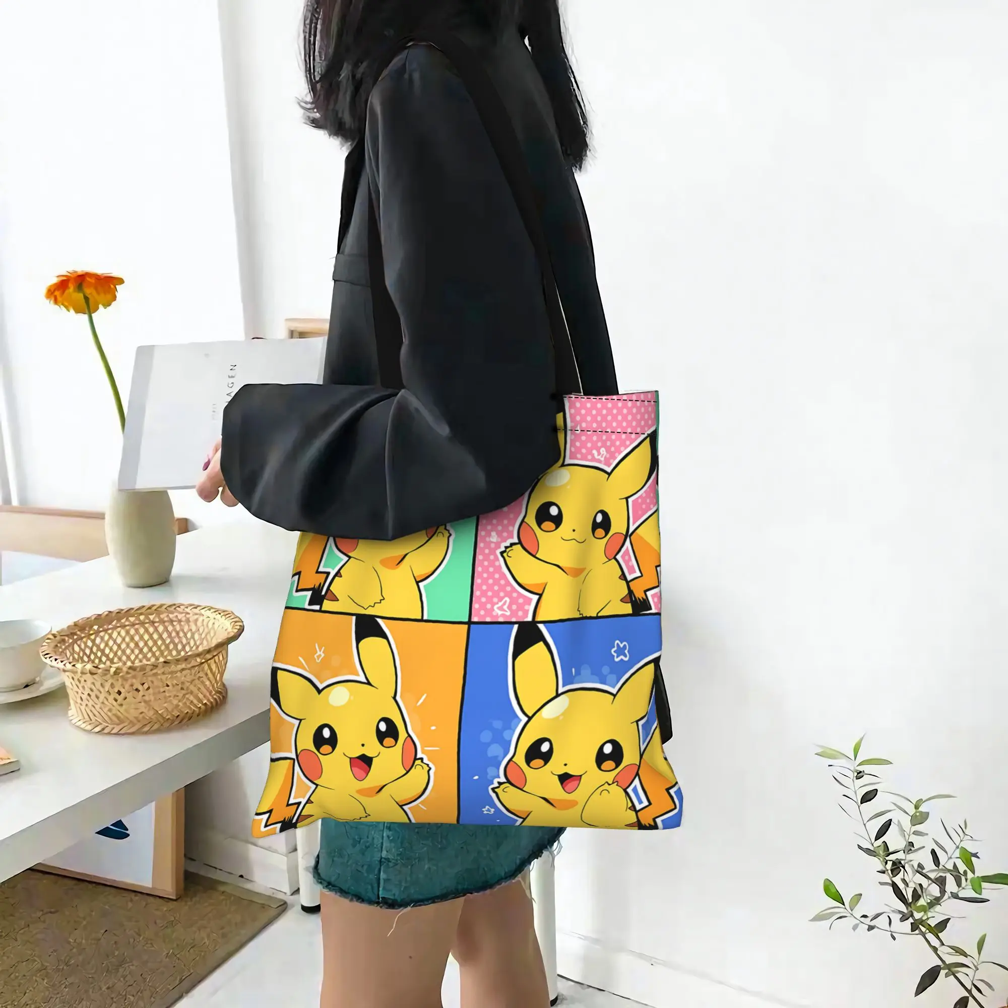 Customized Cartoon Pokemon Theme Women's Bag Shopping Bag Reusable Double Sided Canvas Tote Bag Shoulder  Handbag