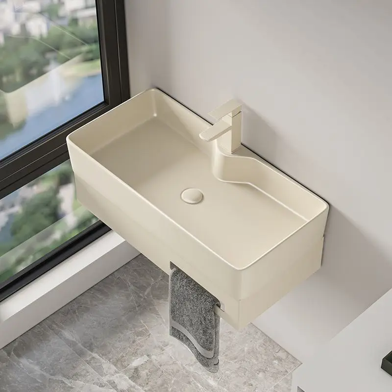 Cream wash basin wall-mounted balcony bathroom integrated ceramic washbasin small apartment washbasin