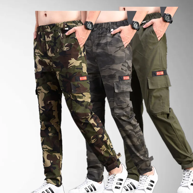 

Pure Cotton Spring Summer Stretch Loose Wear Resistant Elastic Waist Camouflage Workwear Long Pants Middle Youth Men Trousers