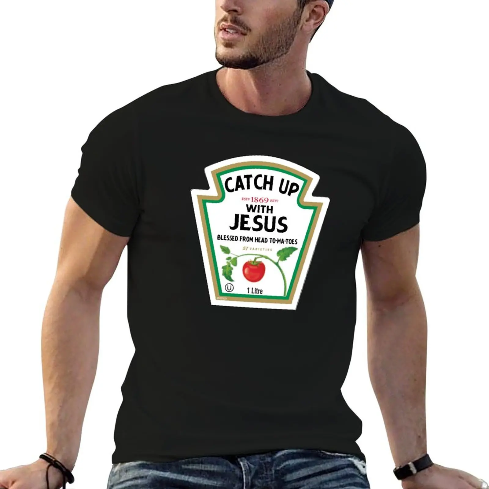 

Funny Catch Up With Jesus Ketchup Christian Joke T-Shirt t shirts for man slim fit anime t shirts for man T-Shirt