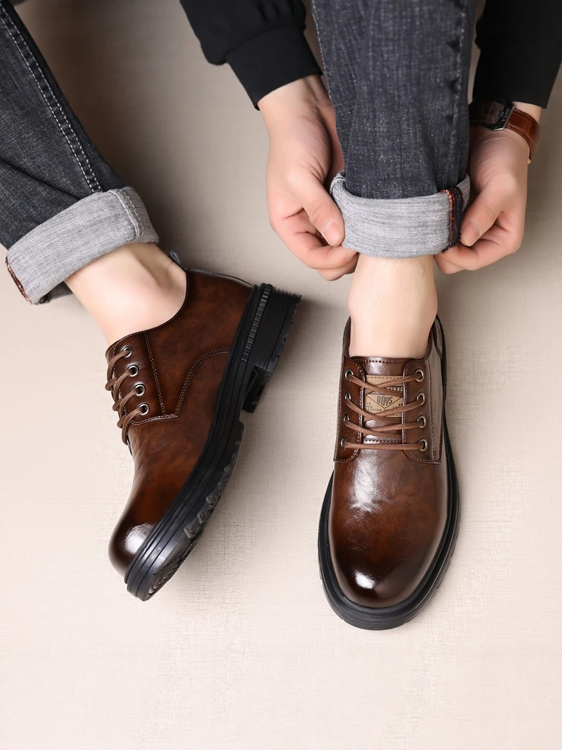 

Men's Casual Leather Shoes Business Anti-slip Boots Low Help Vintage British Style Spring Autumn Wear Resistant Thick ...
