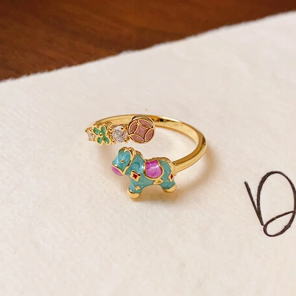 Silver New Retro Enamel Little Horse Zircon Open Ring, Year of the Horse, Light Luxury, High End, Versatile Women's Jewelry