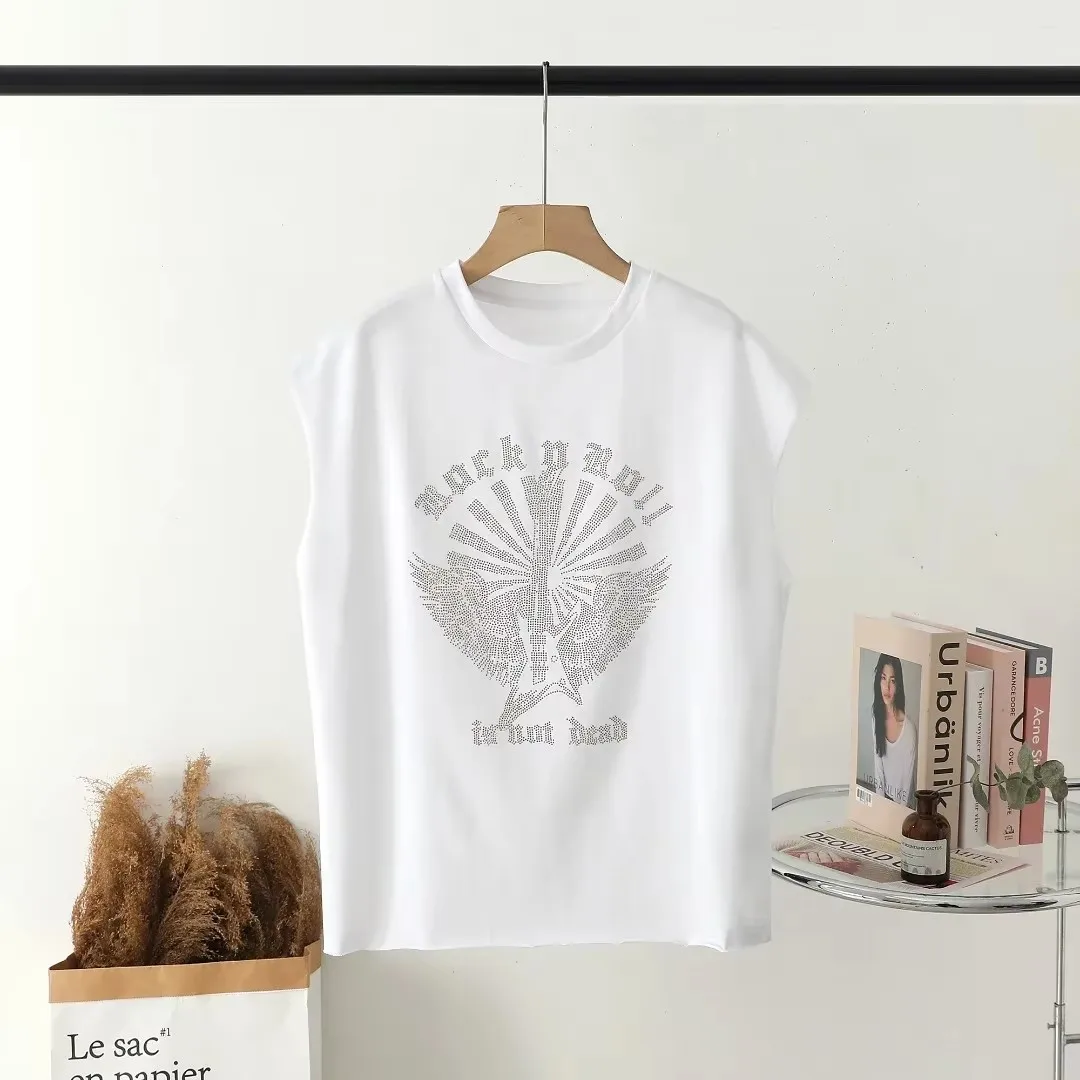 Camiseta con cuello redondo para mujer, camisetas holgadas con decoración de diamantes de imitación en la parte delantera, novedad de verano 2025