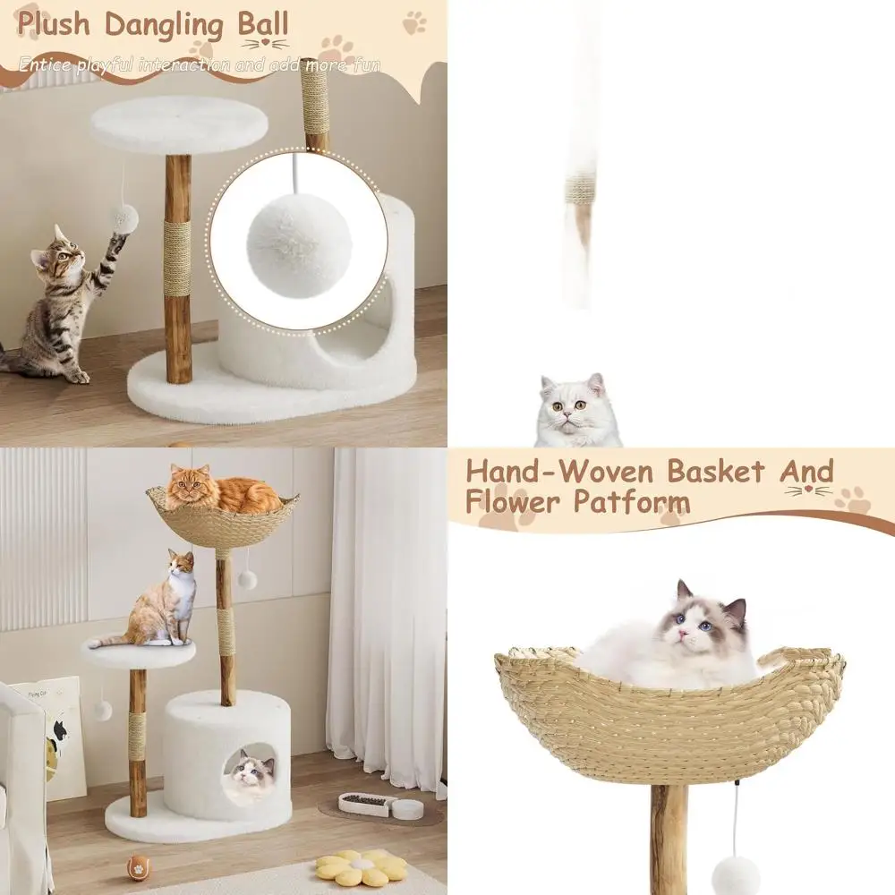 

Большой деревянный кошачий домик-шар с корзиной, из натурального дерева и ротанга, с сизалевыми стойками, для кошек до 10 кг