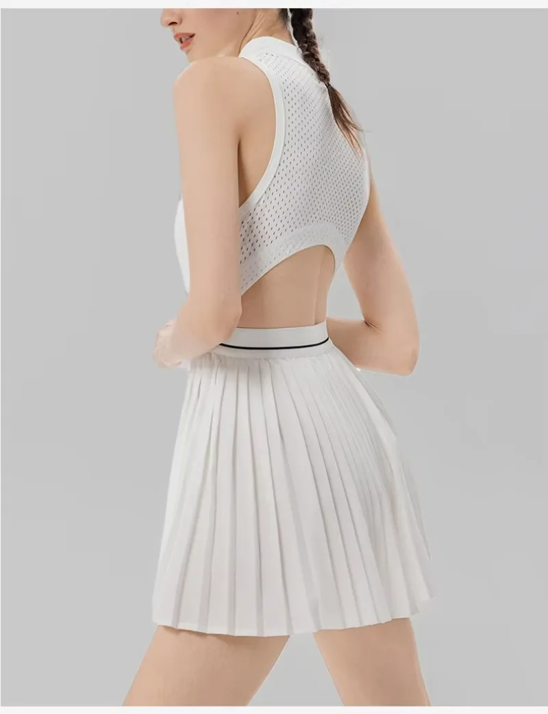 Damen-Tenniskleid mit Reißverschluss, Polokragen, integriertem BH und kurzen Ärmeln, atmungsaktives, ärmelloses Golf- und Sportkleid, schnelltrocknend, dehnbar, ideal für sportliche Aktivitäten. – Detail 11