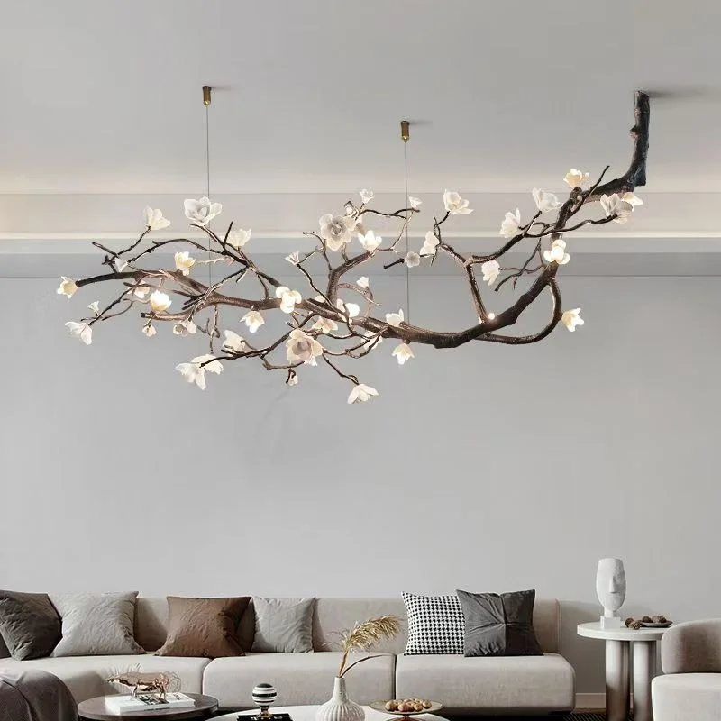 Light Luxury Living Room Lamp All Copper Branch Ceramic Magnolia Flower Retro Art New Chinese Style Tea Room Pendant Light