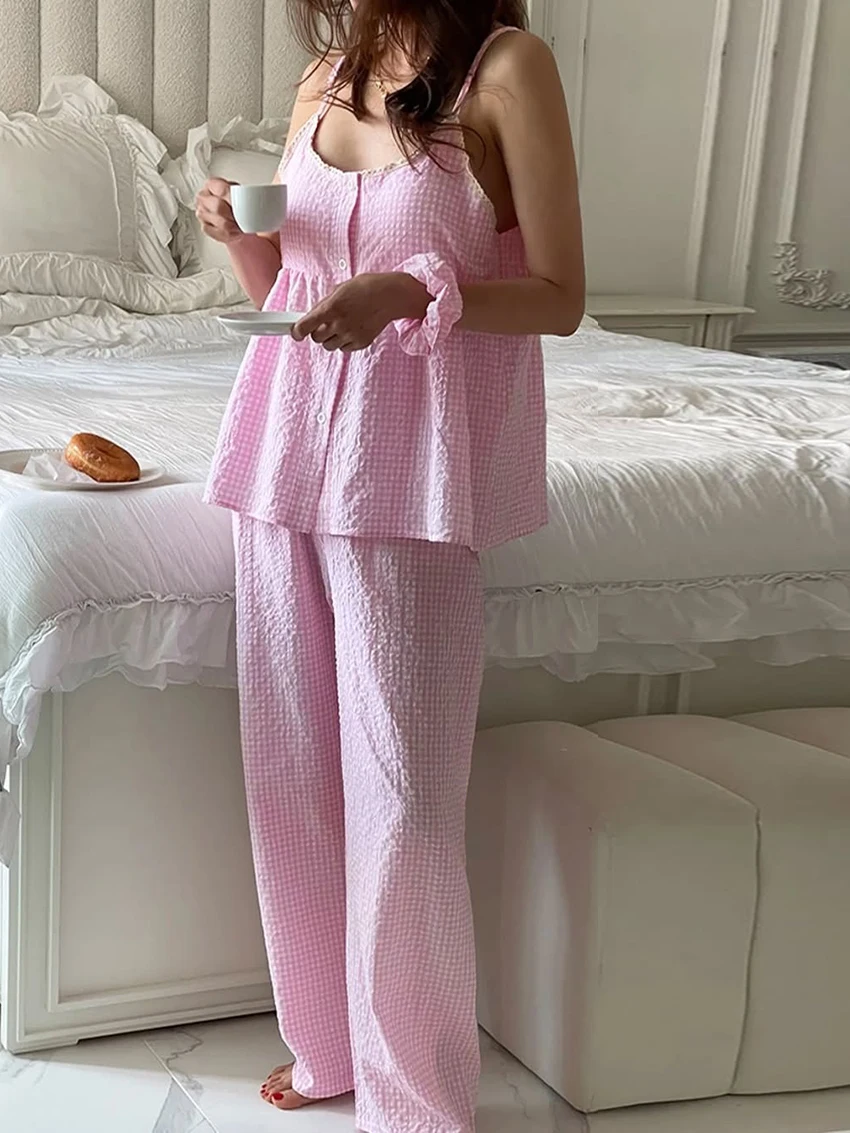 

Marthaqiqi Lace Women Nightgowns Suit Spaghetti Strap Pajamas Sexy O-Neck Nightie Tank Tops Sleepwear Pants Casual Nightwear Set