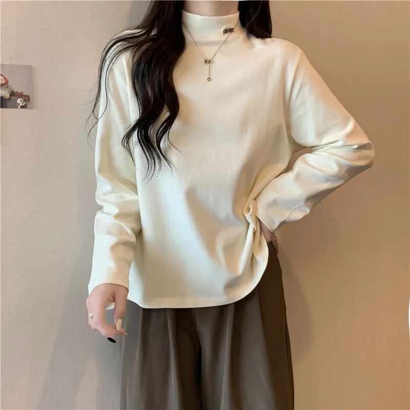 

Cross-Border Solid Color Half Turtleneck Long Sleeve T-Shirt Women, Loose Fit, Versatile, Inner Layer, Thermal Embroidered Base