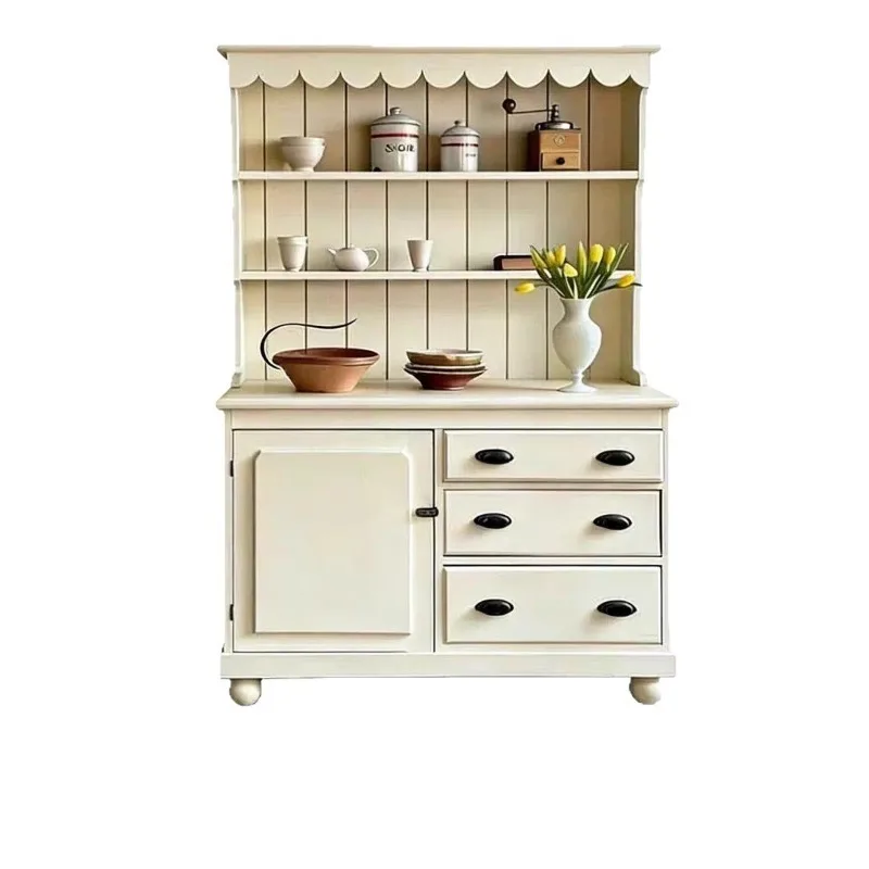 French retro cream white solid wood side cabinet, medieval cafe dish storage cabinet, storage studio decoration cabinet