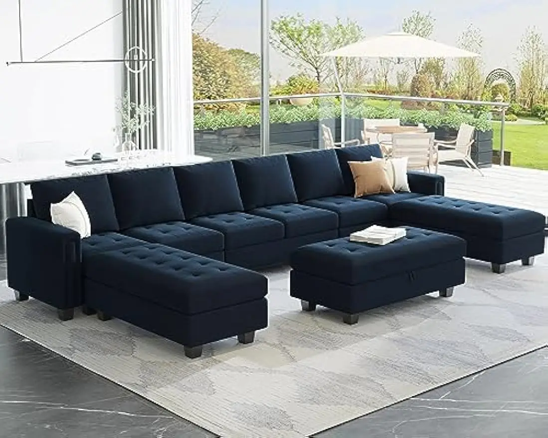 

Oversized U Shaped Modular Sectional Sofa Set with Wide Chaise Reversible Velvet Couch Set with Storage Ottoman Modular Blue